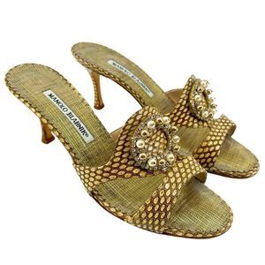 Manolo Blahnik Tan Textured Embellished Kitten Heel Slide Sandals US 7.5